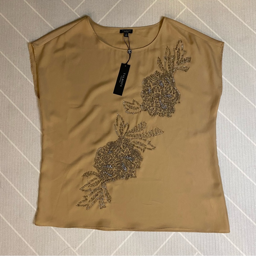NWT)Talbots Tan Silver Beaded Embroidered Cap Sleeve Top Blouse  Size M